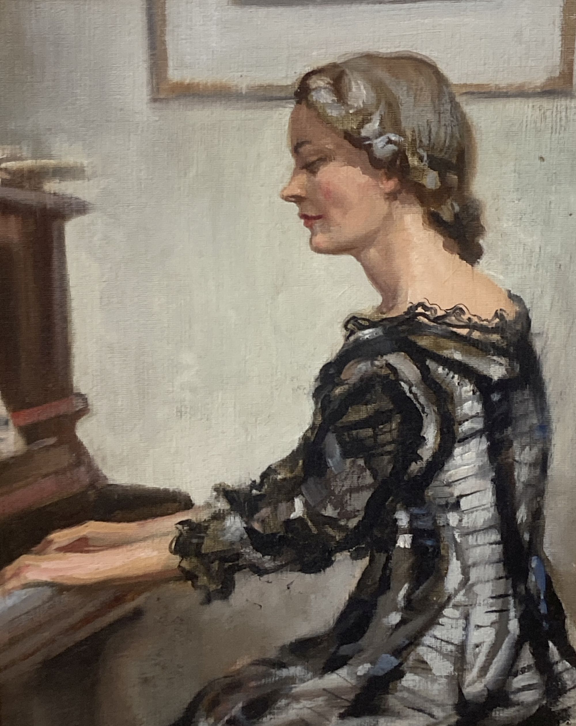 Arthur Royce Bradbury (1892-1977), oil on board, Lady playing the piano, signed, 34 x 27cm